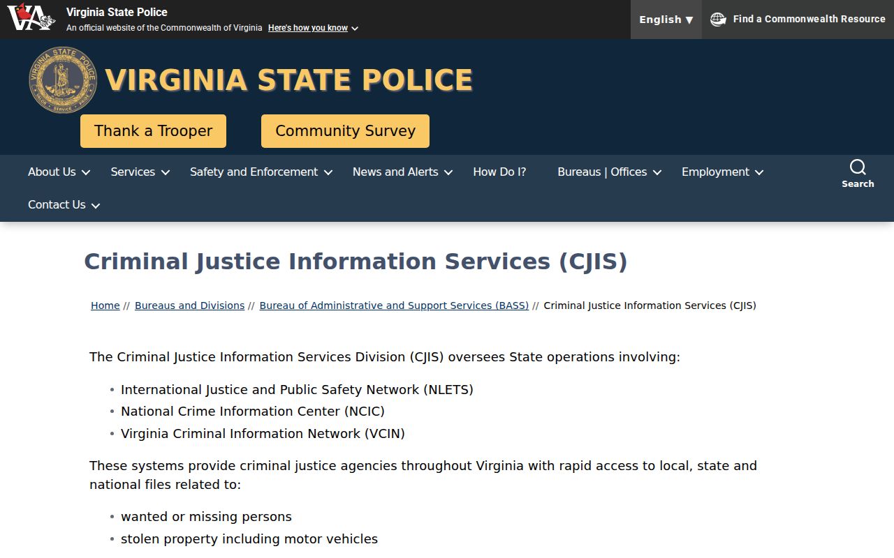 Stafford County criminal history repository information from Virginia State Police