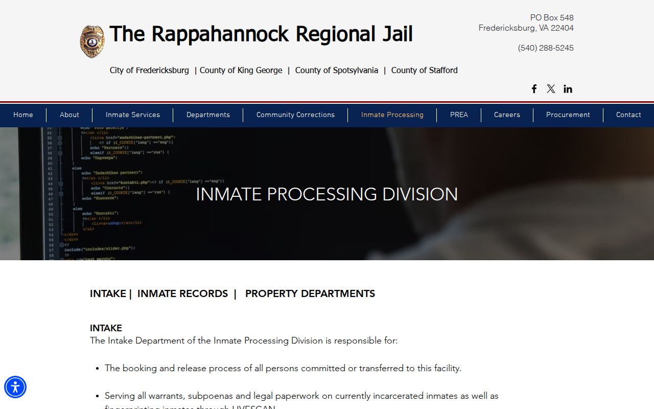 RRJ intake process for a Stafford County arrest and booking record