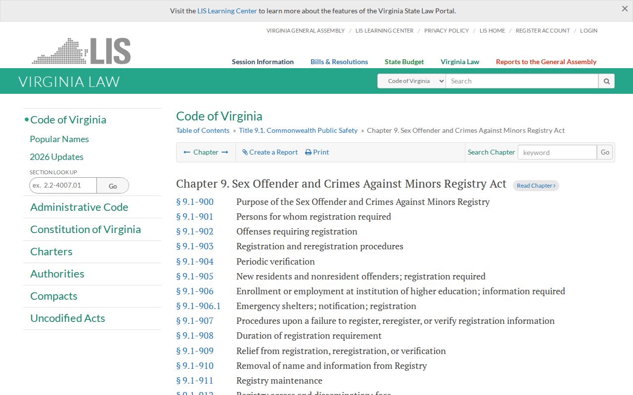 Virginia registry law for Stafford County sex offender searches