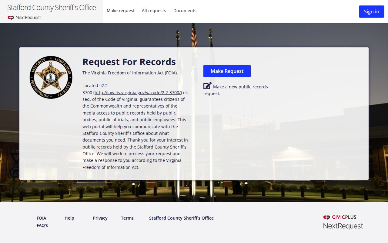 Stafford County arrest report request portal in NextRequest