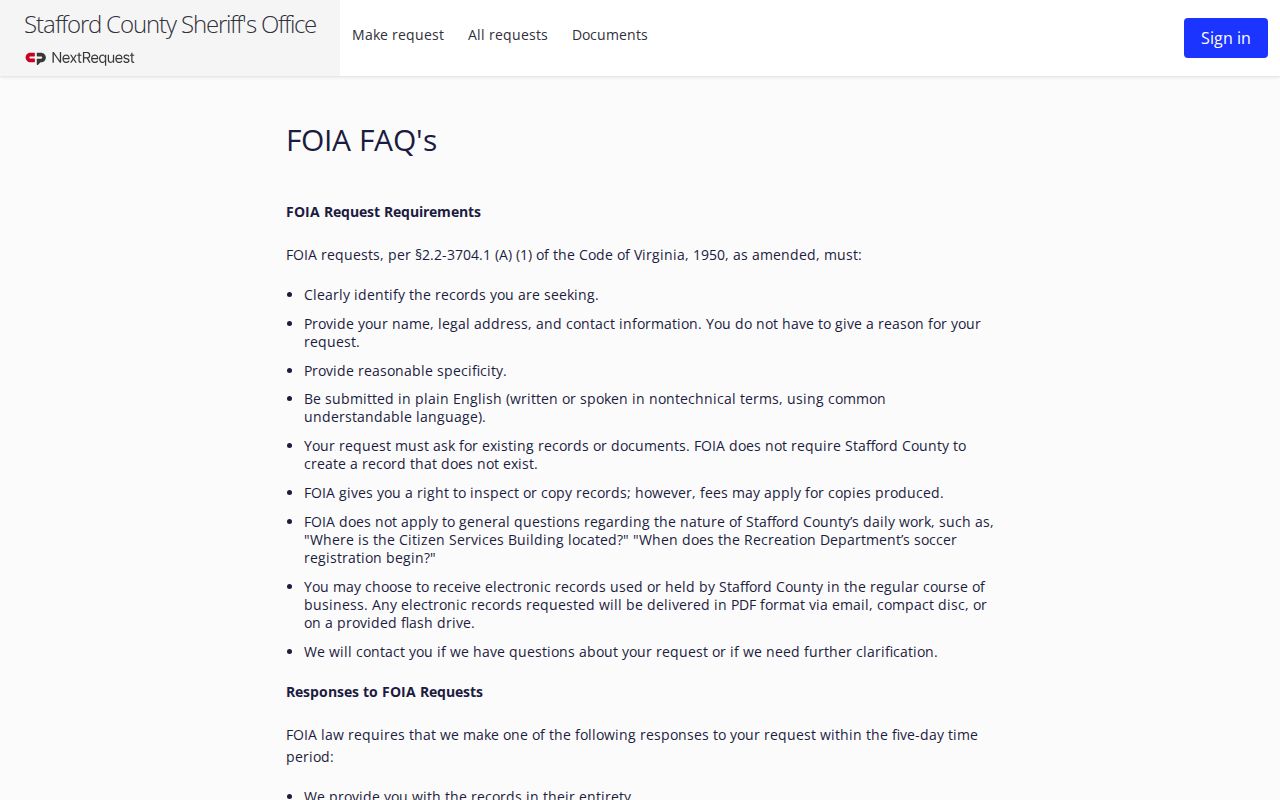 Stafford County arrest records request FAQ and response rules