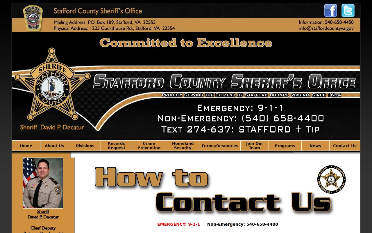 Stafford County arrest records contact page for the Sheriff's Office